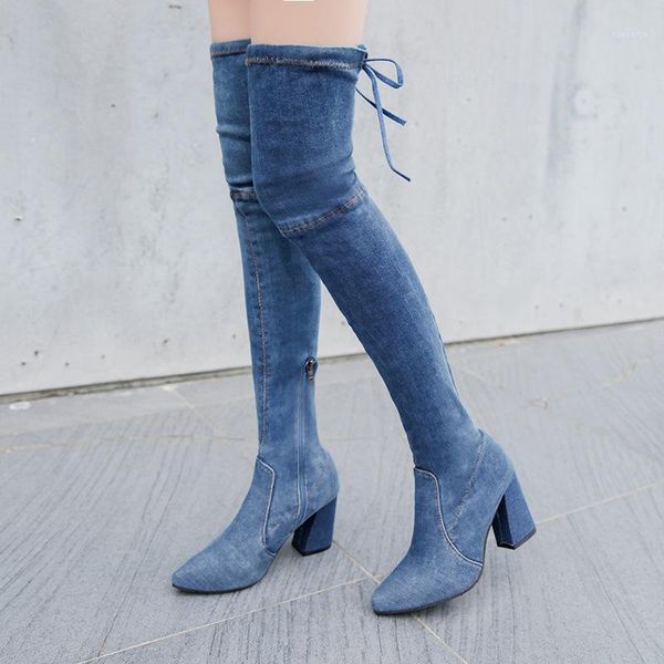 

thigh high boots female stretch denim over the knee boots woman slim thighs high heels women shoes cowboy shoes botas mujer1, Black