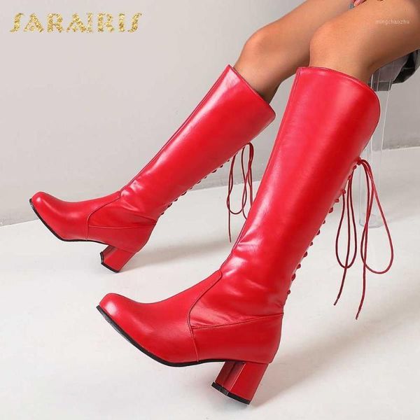 

boots brand 2021 big size 48 square high heels shoelaces women winter shoes female knee riding boots1, Black