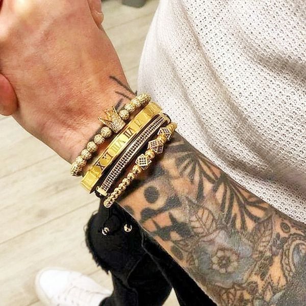 

gold bracelet men crown pave cz zircon stainless steel beads braided braiding hommebracelet luxury bracelets homme amazing price y200108, Golden;silver