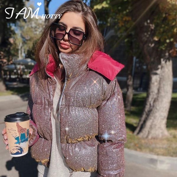 

thick glitter sequins fashion women's parka winter 2020 elegant warm puffer jacket outwear glowing quilted bubble coats iamy, Black