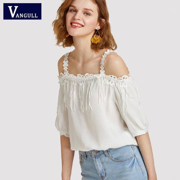 

vangull women strap sweet off shoulder blouse shirt 2019 women sleeveless flower embroidered blouse summer lace tees1, White