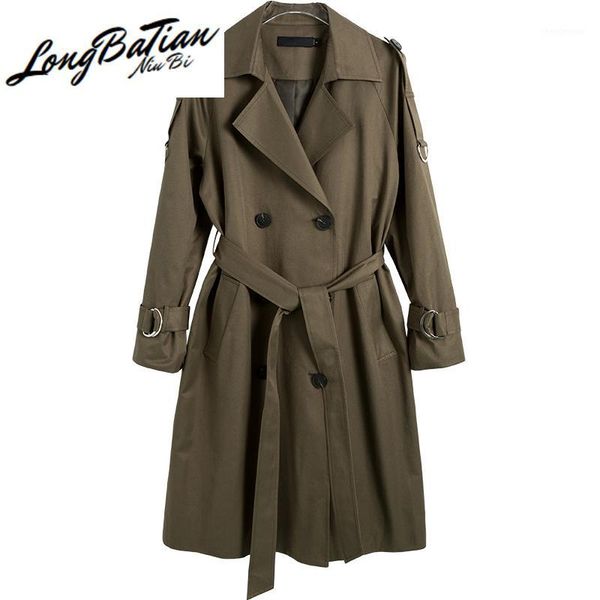 

army green double breasted windbreaker for autumn korean long trench coat women slim casual outerwear female1, Tan;black