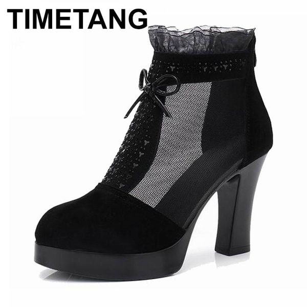 

boots timetang genuine leather ankle nice spring hollow mesh high heels women shoes female fashion summer rhinestone, Black