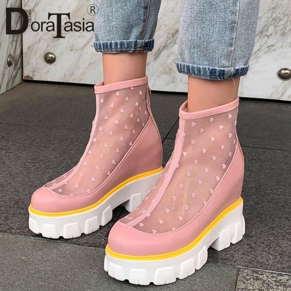 

boots doratasia girl round toe polk dot platform ankle casual leisure women zipper chunky heel shoes woman1, Black