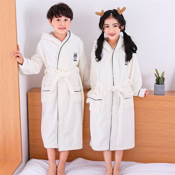

winter nightgown boys bathrobe girl flannel robes thicken hooded sleepwear pure color dressing gown teenage coral velvet pajamas lj201216, Blue;red