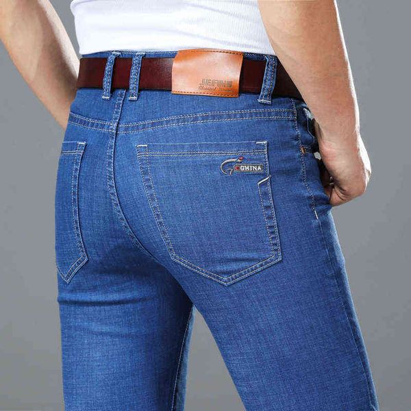 Mens clássico relaxado flex flex jean 2021 verão novo fino fino confortável moda negócio casual jeans denim calças calças g0104