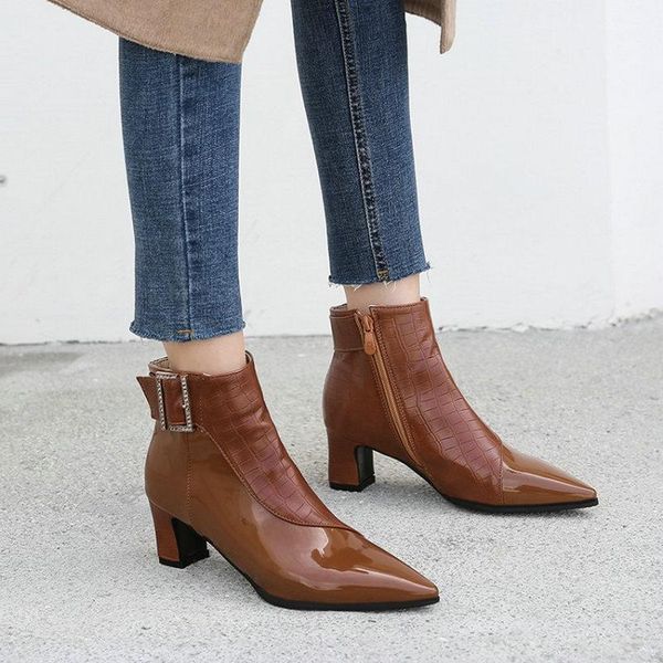 

boots 2021 patent pu leather womens shoes winter autumn lady middle heels woman ankle buckle strap plus size 44 46 48, Black