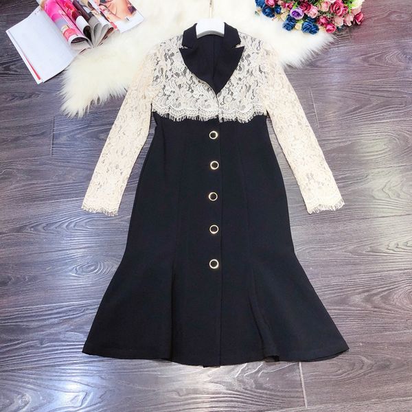 

2021 early spring new luxury design lace stitching dress super classic light luxury all-match mid-length lady dress ing, Black;gray