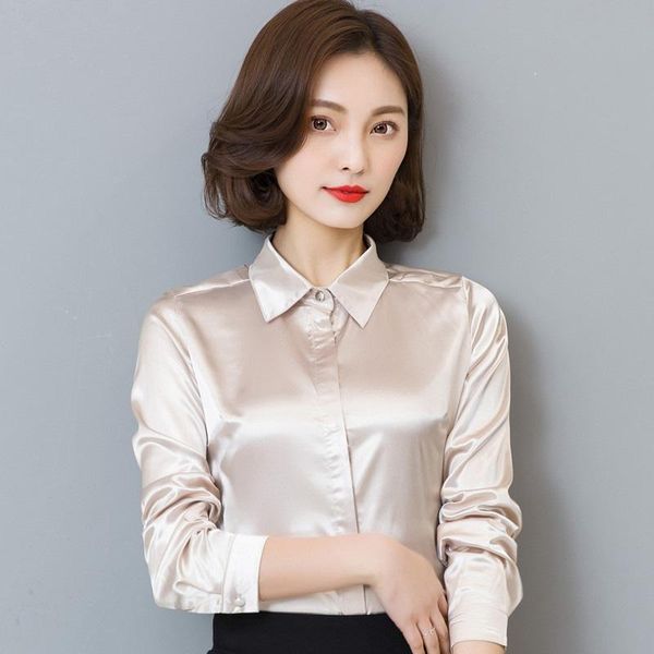 

women's blouses & shirts women satin silk long sleeve button-down shirt formal work business silky shiny blouse elegant fashion s-xxl, White