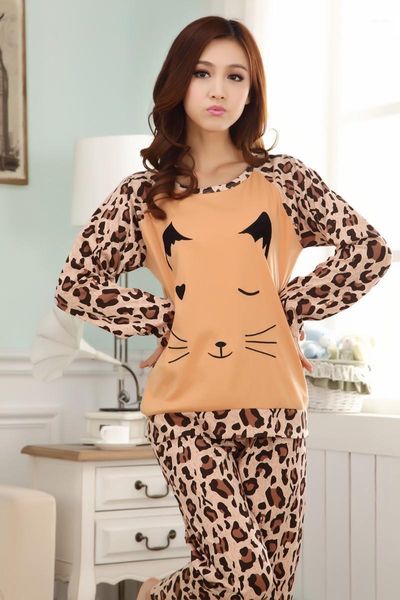 

wholesale- leopard fire pajamas sets for women knitted pyjamas two pieces sleepwear nightwear , long sleeve indoor lounge suit b281, Black;red