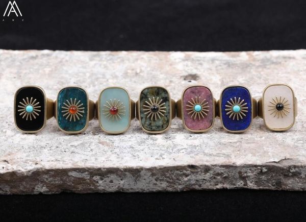 

3pcs paved big sun flower rectangle natural stone blue apatite gold copper open finger rings jewelry for women gift hs-33amcj, Slivery;golden