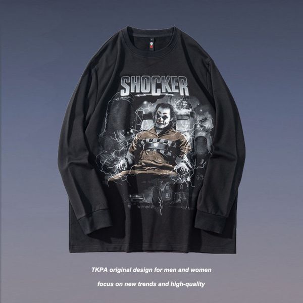 

tkpa fashion brand dark print pullover sweater round neck loose high street lovers make old washed long sleeves, Black