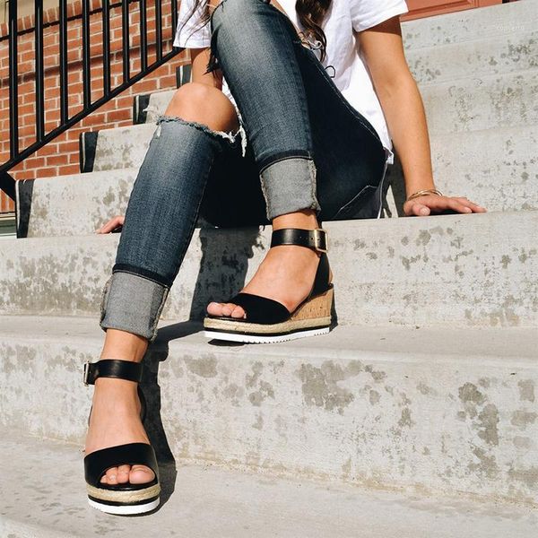 

9cm high heel wedge sandals ankle strap thick-soled wedges women shoes summer fashion women platform sandals plus size 431, Black