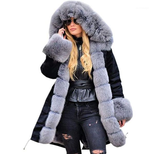 

klv m-3xl womens casual long sleeves solid polyester faux fur winter jacket parka hooded coat fishtail black overcoat z11261