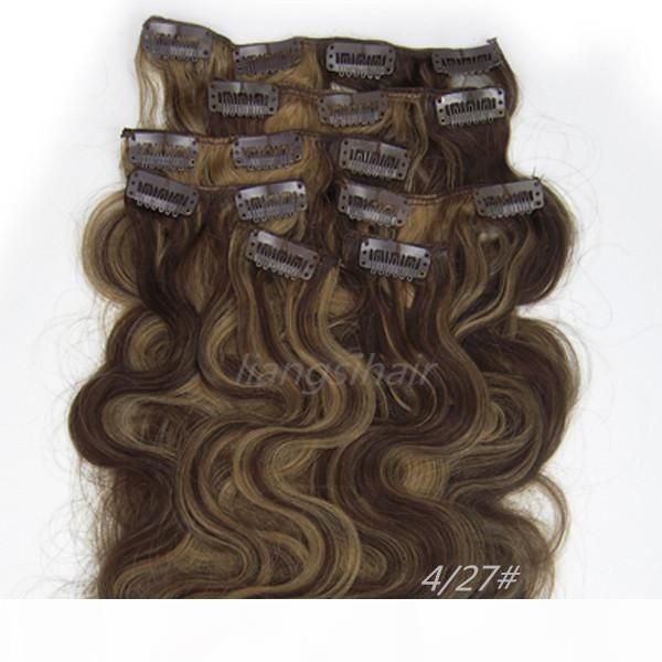 

brazilian body wave style clip in human hair extensions 15"-26" 7pcs 4 27# brazilian peruvian malaysia indian virgin curly remy hu, Black;brown