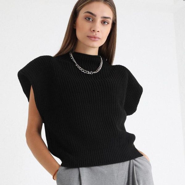 

women's sweaters women turtleneck sweater sleeveless vest 2021 solid shoulder pads pullover knitted loose autumn winter, White;black