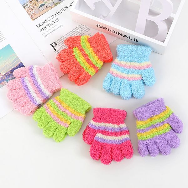 

coral fleece warm gloves children winter warm finger gloves baby five fingers warm gloves mittens colorful stripe mittens wq367, White