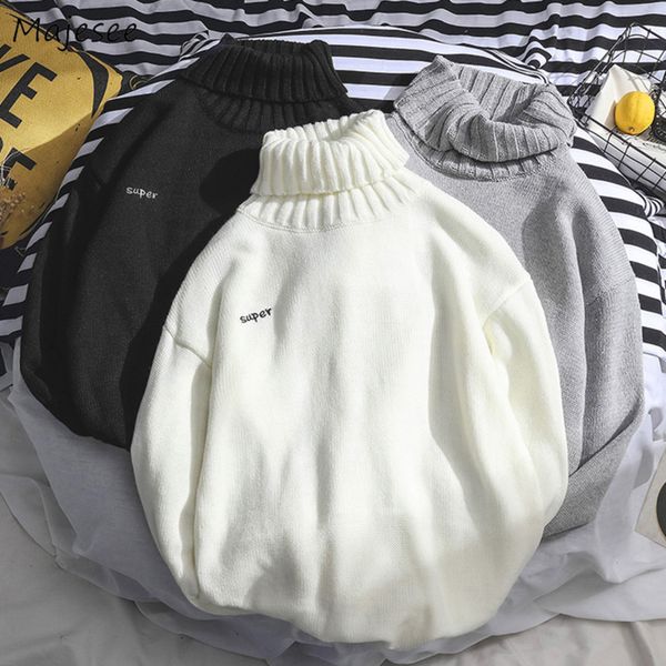 

Men's high necked casual long sved sweater with letters, high-quality sweater, Korean clothing matching, winter, White;black