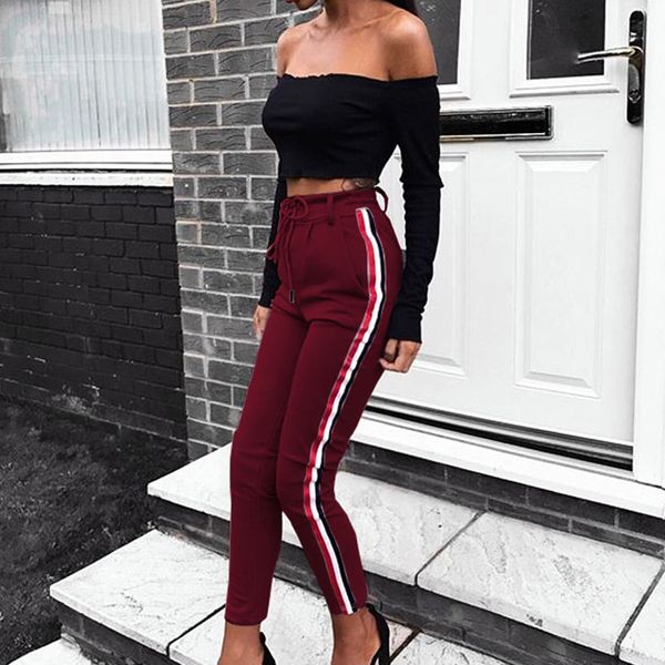 

casual high waist striped pencil pants autumn winter drawstring slim trousers women bandage long pants female trousers black, Black;white