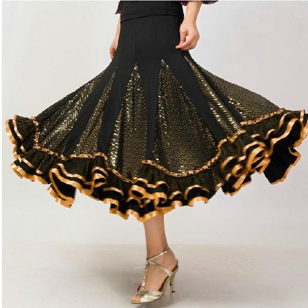 

modern double printing pompon skirts ballroom practice dance dress stage performance clothing sequin long half skirts dwy5461, Black;red