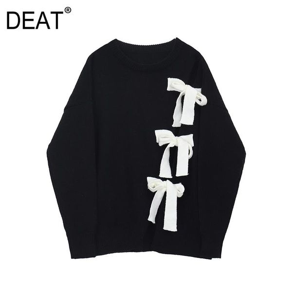 

women's sweaters [deat] 2021 spring autumn fashion splicing long sleeve bow decoration round neck knitting pullover sweater women 13a49, White;black