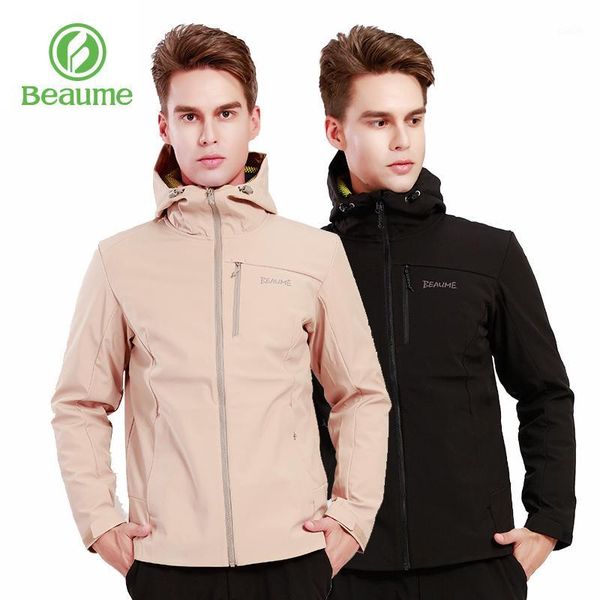 

beaume hiking climbing sports winter windproof hooded softshell heated jacket for men black 710151, Blue;black