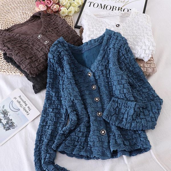 

chic 3d fold pleated single breasted blouse women 2020 autumn winter v neck long sleeve short coat 5colors office ladies 1, White