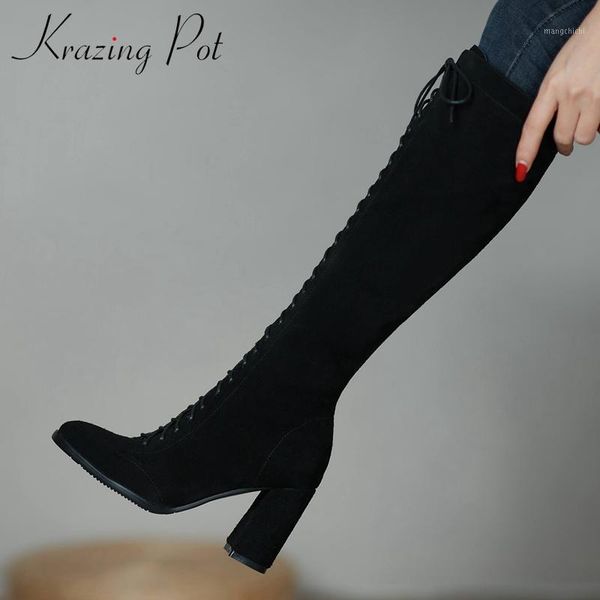 

krazing pot high street fashion cow suede european design round toe thick high heel zip winter shoes women knee-high boots l7f11, Black