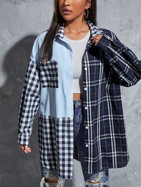 

drop shoulder plaid print colorblock blouse x7sc#, White