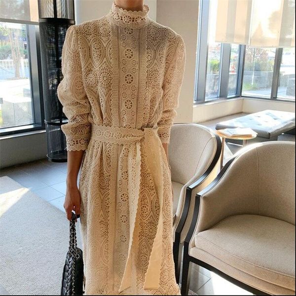 

2021 stylish lace all match korean elegant lace up chic hook flowers women sweet gentle fashion girls female long dresses, Black;gray