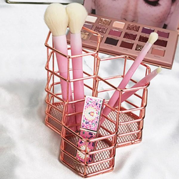 

makeup brushes hexagonal shaped iron hollow brush rack rose gold 3 grids cosmetic tools backet holder organizer