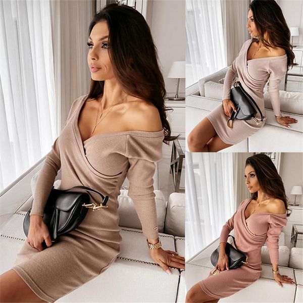 

casual dresses winter 2021 knitted women dress fashion deep v-neck bodycon mini plus size 3xl, Black;gray