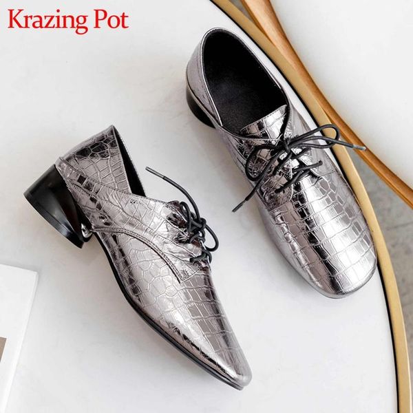 

dress shoes krazing pot print genuine leather vintage round toe med heels lace up women spring fashion simple daily wear pumps l01, Black