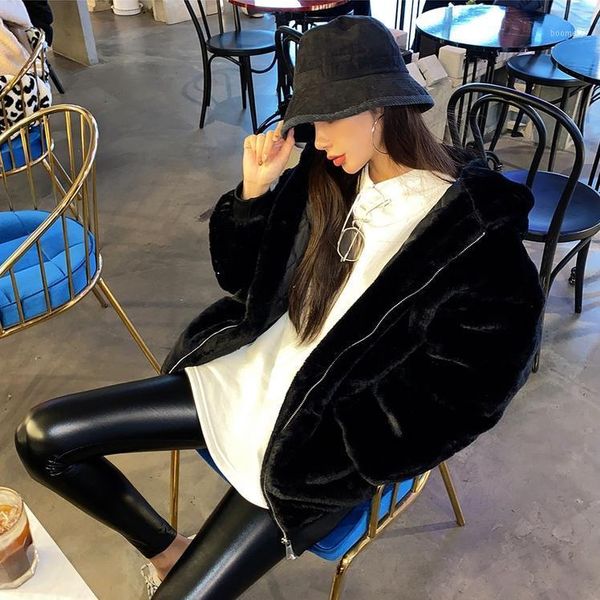 

women 2020 autumn winter warm fluffy faux fur coats jackets female furry fake fur hooded jacket fashion casual warm overcoat b741, Black