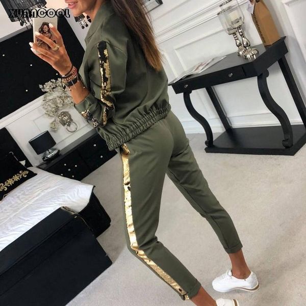 

women's tracksuits tracksuit casual fashion sequins sports suit with cardigan zipper long pants two pieces chandal mujer ensemble, Gray