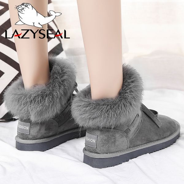 

lazyseal 2020 shoes women suede real rabbit fur winter snow boots female pleated plush lining warm platform ankle boots bo, Black