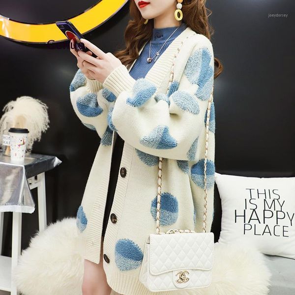 

thick warm sweater cardigan women's long paragraph autumn 2021 new loose long-sleeved dot pattern sweater jacket1, White