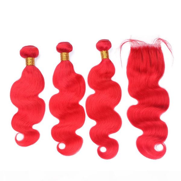 

body wave peruvian red colored human hair wefts with closure pure red virgin hair weaves 3bundle deals with 4x4 lace front closure, Black