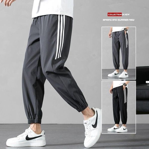 

men's ice silk sports pants summer ultra-thin korean style trendy wild nine-point beamed pants loose casual long, Black