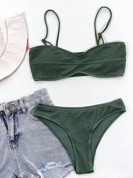 

ribbing two-piece suits green 2023 bikini set bandeau pleated wavy solid swimsuit women bandage beachwear monokini swimwear suit push up bat, White;black