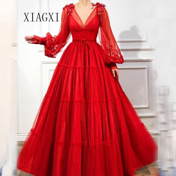 

2019 muslim red evening dress sheers a-line deep v-neck full sleeves long evening dresses prom dress party gowns vestidos1, White;black