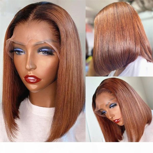 

honey brown lace front human hair wig 5*5 pu silk base wig short bob brazilian remy hair straight lace bleached knots, Black;brown