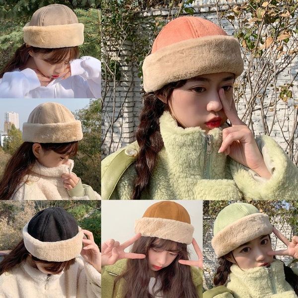 

women winter warm suede velvet beanie hat solid color thicken plush cuffed brimless hip hop landlord docker skull cap1, Blue;gray