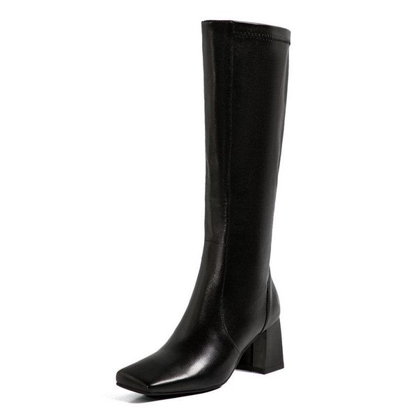 

boots elegant women high heels knee 2021 autumn winter est genuine leather shoes woman party working retro, Black