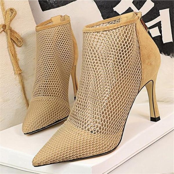 

boots bbzai ladies shoes pumps 9cm mesh hollow women botas mujer fashion bottes thin heel femmes usa 3-8 9, Black