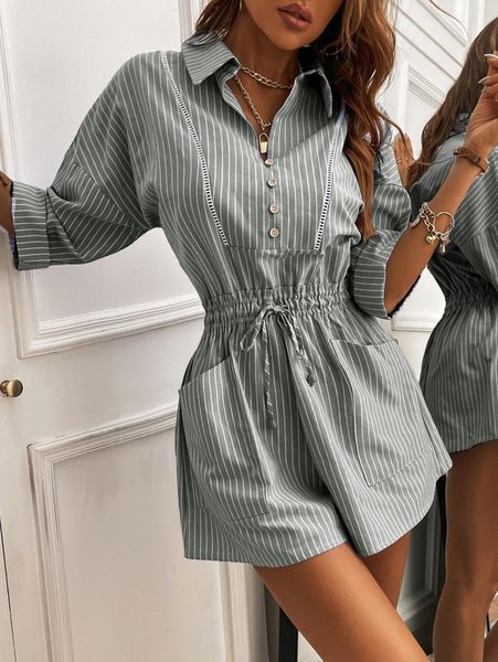 

stripe dual pocket drawstring waist shirt romper 68hz#, White