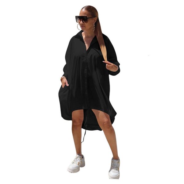 

button 2020 fashion style loose sleeve up long shirt dress, Black;gray