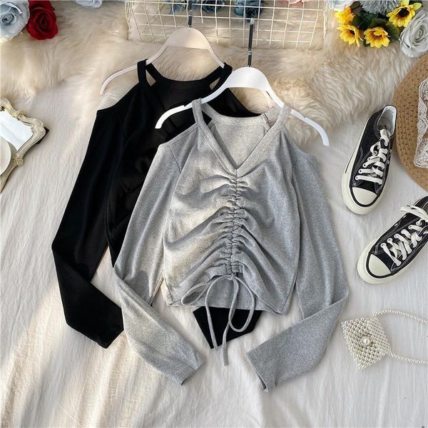 

off shoulder women t-shirts summer new v-neck solid drawstring long-sleeved all match female pulls tees1, White