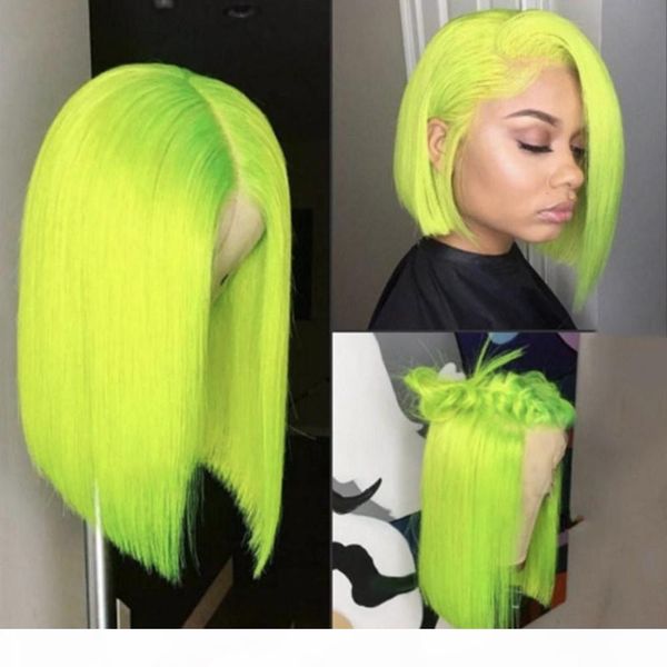

fluorescent green short simulation human hair wigs 613 red blue black green purple pink wig ombre synthetic lace front wig for women