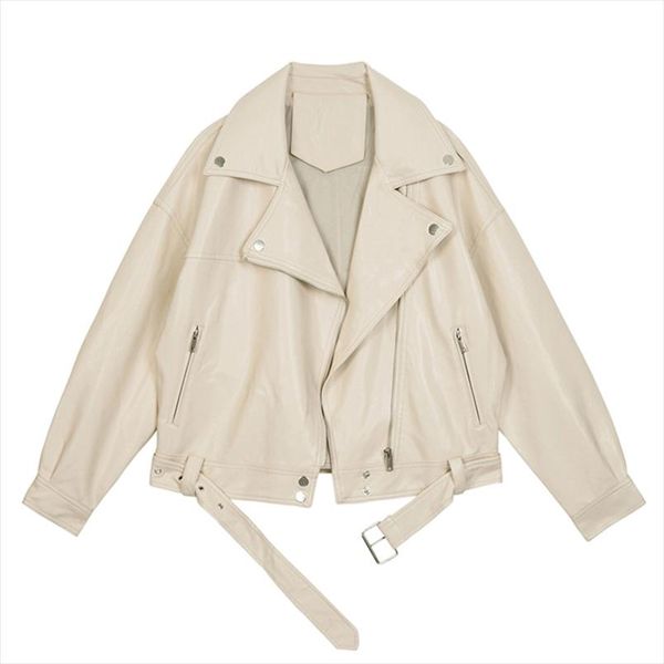 

2020 new autumn women pu leather motorcycle jacket female with belt solid color lady loose casual bf style coat outwear, Tan;black
